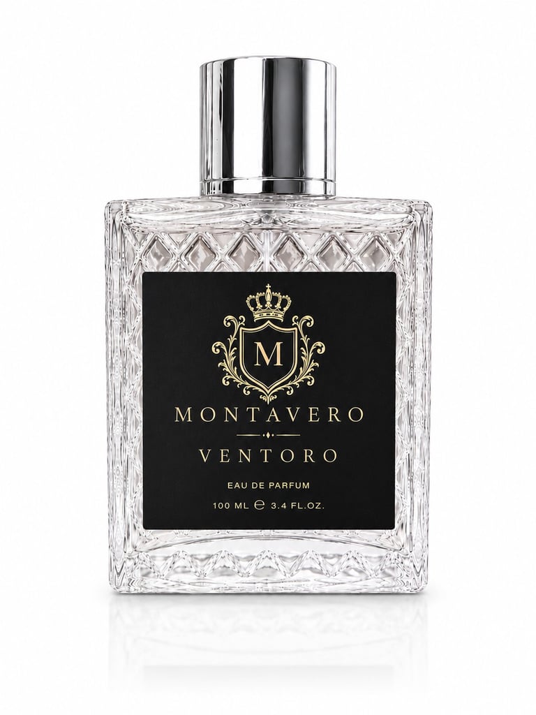 Montavero Ventoro eau de parfum bottle with ornate crystal glass design and gold crown logo on black label