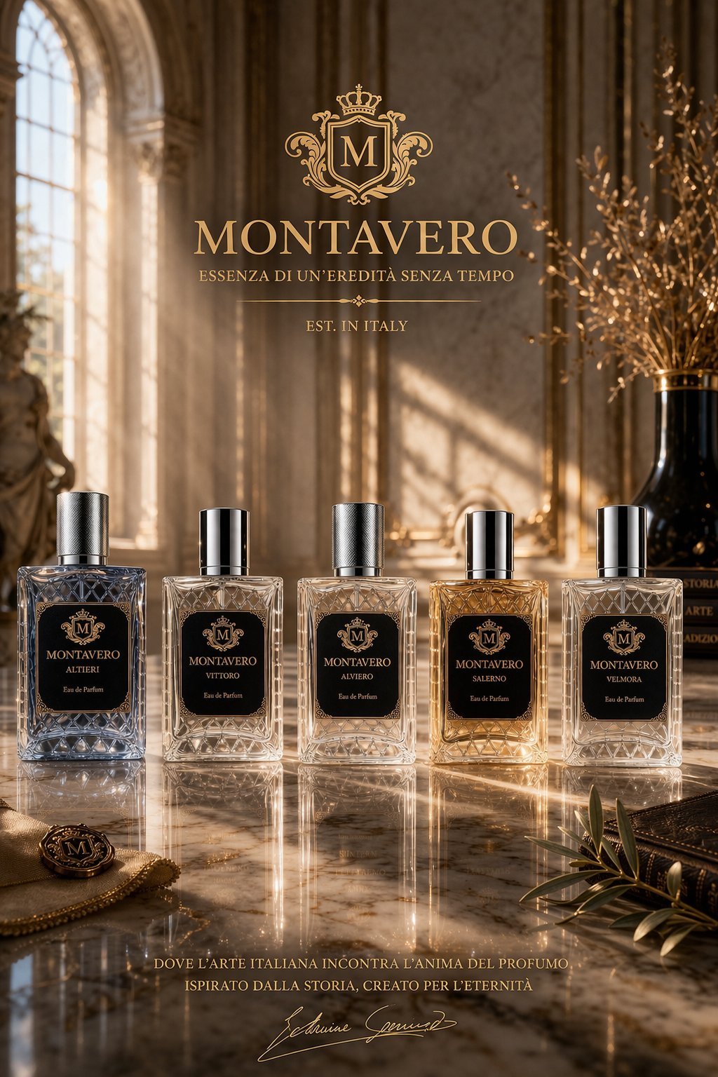 Montavero luxury perfume collection displayed in elegant glass bottles with gold accents in an ornate Italian palazzo interior