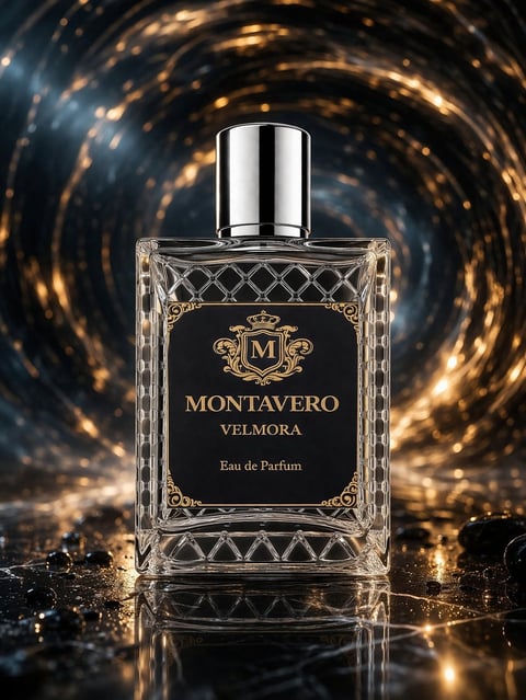 Montavero Velmora Eau de Parfum bottle with chrome cap on reflective surface against swirling golden light background