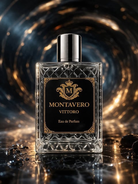Montavero Vittoro Eau de Parfum bottle with silver cap on reflective surface against golden swirled background