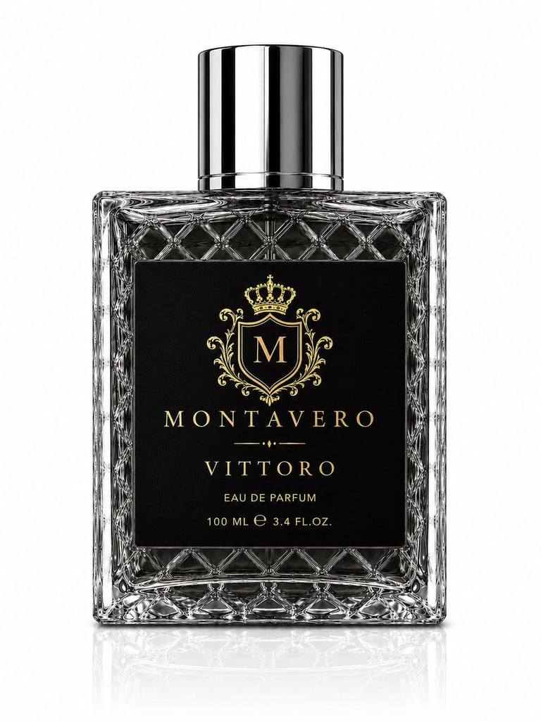 Montavero Vittoro Eau de Parfum bottle with silver cap on reflective surface against golden swirled background