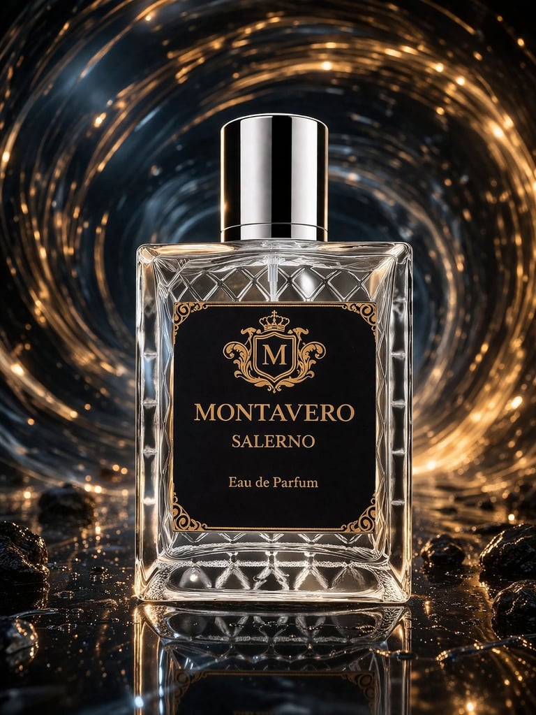 Montavero Salerno Eau de Parfum bottle with chrome cap against a swirling gold and dark background