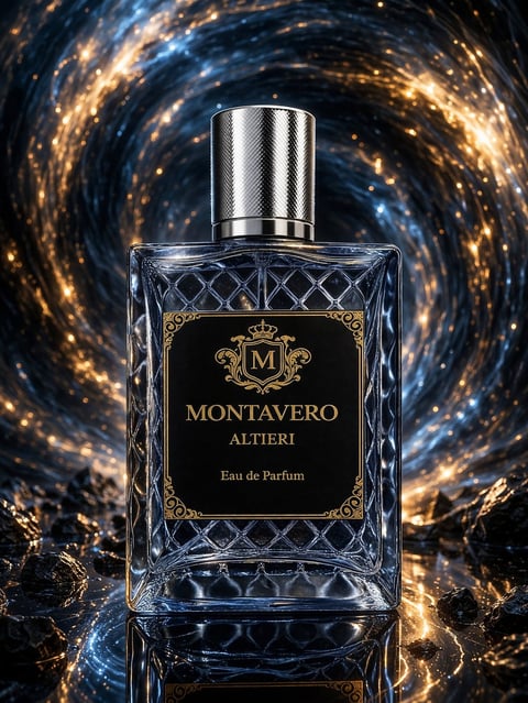 Montavero Altieri Eau de Parfum bottle with metallic cap against a swirling golden and blue cosmic background