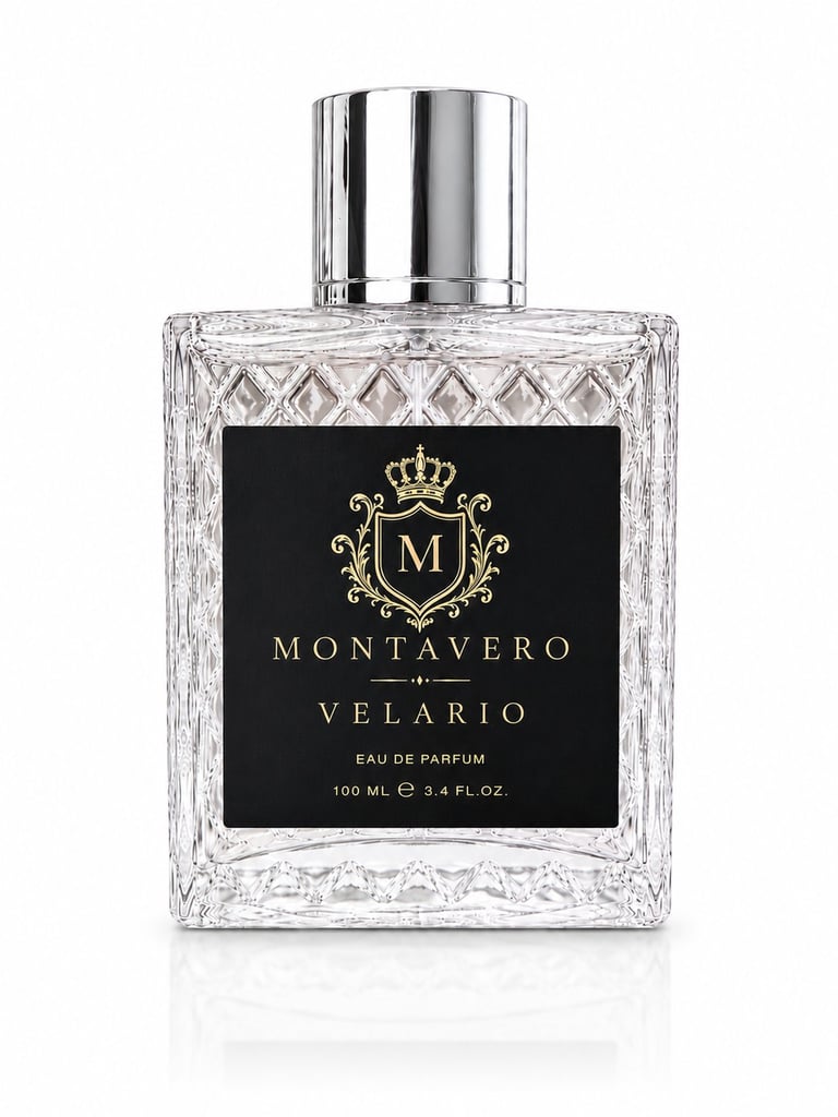 Montavero Velario eau de parfum 100ml bottle with clear cut glass design and silver cap